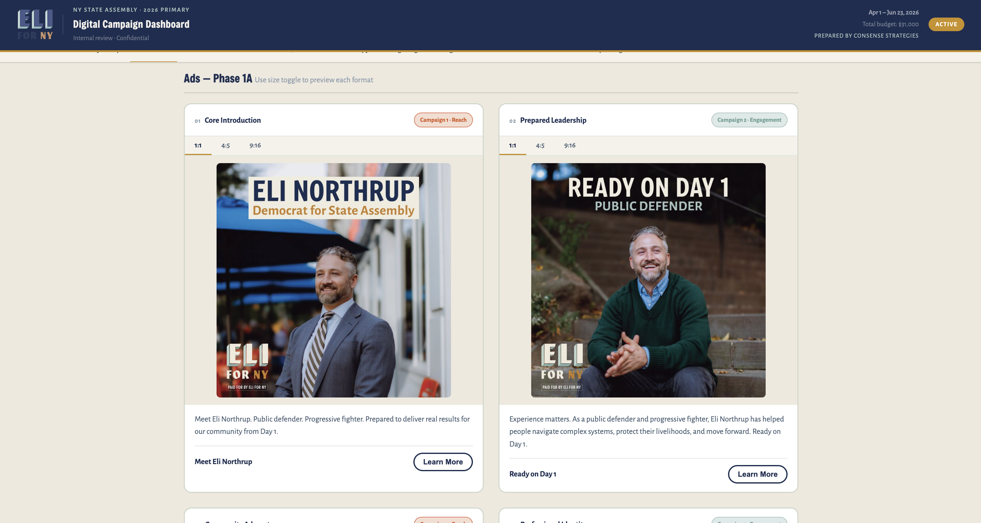 Client dashboard showing Phase 1A ad creative in multiple aspect ratios