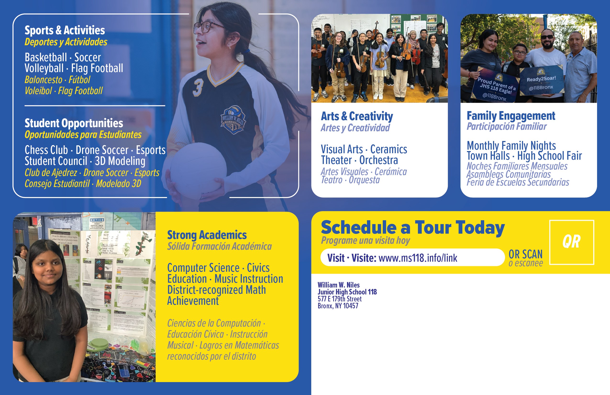 JHS 118 bilingual enrollment mailer, back panel with program grid