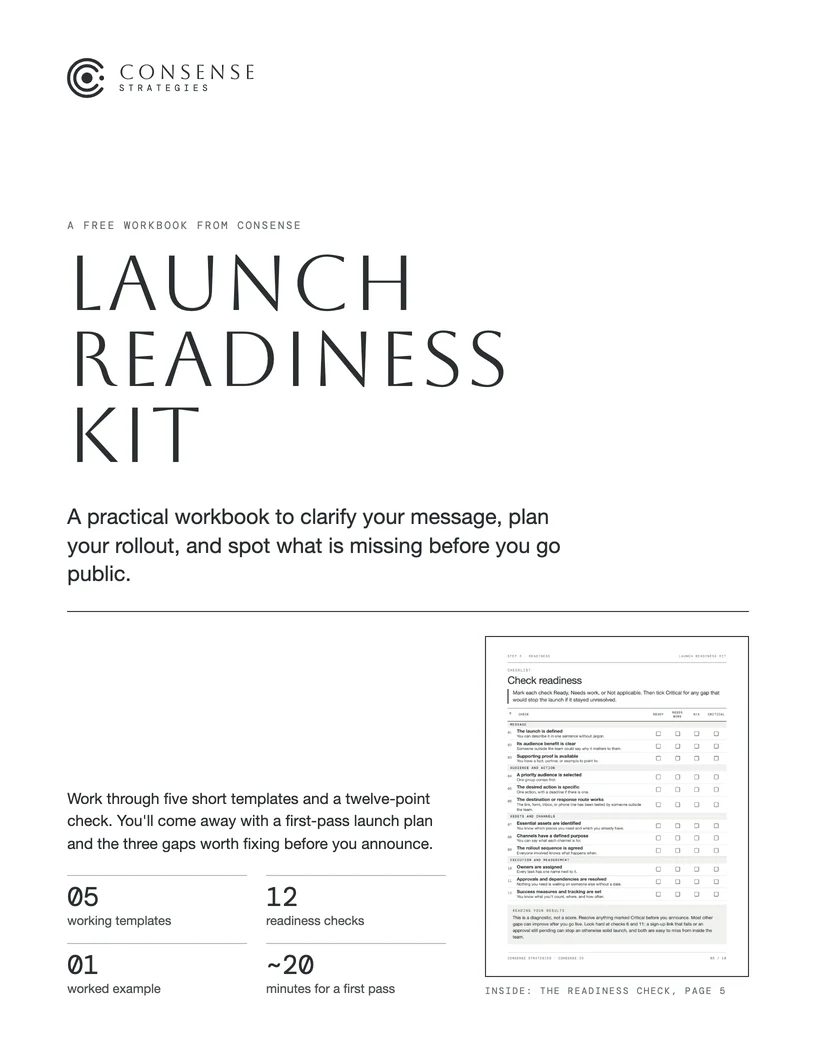 The Launch Readiness Kit workbook cover, with a thumbnail of the readiness checklist.