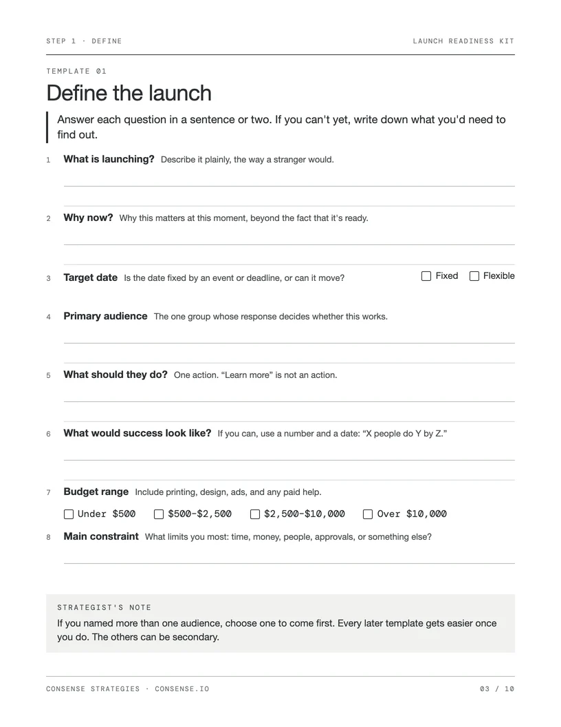 Template 1 with prompts for your audience, goal, timing, budget, and constraints.